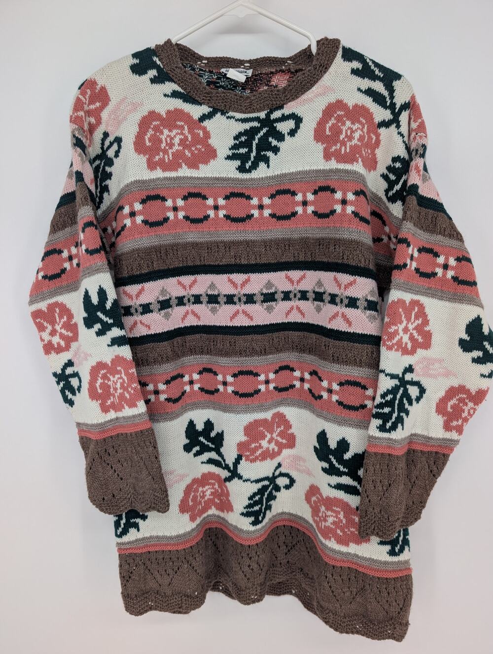 Vintage 90s Small Oversized Sweater Floral Knit Crotchet Trim Grandmacore